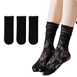 SamHeng Tabi Flip-Flop-Socken für Damen 3 Paar Japanische Baumwoll-Split-Toe-Socken mit LochmusterNiedlicher Casual Rüschen Look für Waden(Schwarz)