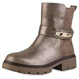 VAN HILL Damen Biker Boots Blockabsatz Schnallen Trendy Schuhe 217560 Gold 41