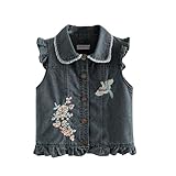 linboo Mädchen Jeansjacke Kinder Jeansweste Ärmellos Mantel Frühling Herbst Denim Weste Spitze Slim Fit Outfit Top, Dunkelblau, 134-140(Etikettengröße: 140)