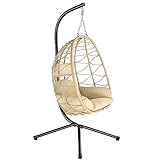 HinHocker Hängesessel mit Gestell | Creme | Hängeschaukel für Indoor und Outdoor | Inkl. Kissen und Auflagepolster | Korbsessel, Hängesessel Terrasse, Ei Stuhl, Hängekorb Sessel