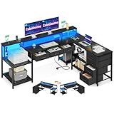 Coleshome Gaming Tisch mit 7 Schubladen & Großzügigem Stauraum, Eckschreibtisch mit RGB LED, Reversibler Schreibtisch L Form mit 2 Steckdosen, Ideal für Büro & Gaming