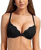 DOBREVA Damen Push Up BH Mit Spitze Gepolstert Plunge Bügel Vollschalen BHS Gemoldete Cups Schwarz 85B