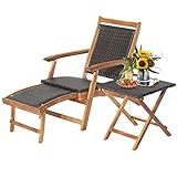 GOPLUS 2 in 1 Sonnenliege klappbar, Deckchair mit Beistelltisch, aus Akazienholz & Ratten bis 160kg belastbar, Rattenliege mit Fußstütze, Gartenliege Liegestuhl wetterfest für Garten Balkon Terasse