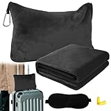 Bocguy Reisedecke Flugzeug, Kissen Decke 2 in 1, Reisedecke Ultraleicht Warm, Reise Decke mit Schlafmaske und Ohrstöpsel, Tragbare Travel Blanket für Camping, Geschäftsreisen (Schwarz)