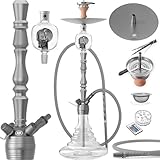 DILAW® Shisha Set Vatos 93cm Aluminium Wasserpfeife Hookah Profi Zubehör Komplett-Set bis 4-Anschlüsse inkl. LED Licht, Kaminkopf, Molassefänger, Silikonschlauch, Alu Mundstück, Tonkopf, Kaminaufsatz