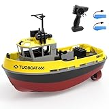 tech rc 1:72 Ferngesteuretes Boot mit 2 Akku(3.7V 600mAh), 2.4Ghz Rc Boot 10km/h 40Mins Laufzeit, Tugboat mit dekorativen Teilen für Kinder für Schwimmbäder und Seen (Gelb)