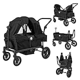 COSTWAY 2 in 1 Geschwisterwagen klappbar, Zwillingskinderwagen mit verstellbarem Griff & abnehmbarem Verdeck, Zwillingsbuggy mit Becherhalter, Tablett, Bollerwagen für 2 Baby ab 6 Monaten (Schwarz)