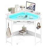 COSTWAY Eckschreibtisch mit Ladestation, dreieckiger Winkelschreibtisch mit LED, Tastaturablage & Monitorständer, Gaming Schreibtisch platzsparend, Ecktisch für Zuhause, Büro (Weiß)