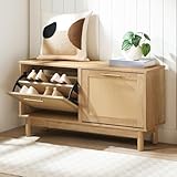 HOOBRO Schuhbank, Sitzbank mit Stauraum, Eingangsbank mit 2 klappbaren Schubladen, Schuhtruhe, Sitzkommode mit dekorativem Rattan, Metallgriffen und verstellbaren Regalen, für Wohnzimmer ENL51HX01