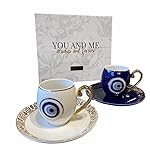 CINAR NAZAR Design Blaues Auge 4-teiliges Türkische Mokkatassen-Set, 2x Mokkatassen und 2x Untersetzer, Porzellan, 70 ml, Zuhause