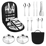 Camping Geschirr Set 2 Personen, 12-teilig Picknick Set Edelstahl, Camping Besteckset mit Löffel Gabel Messer Teller Klammer, Outdoor Geschirr Set für Camping, Picknick, Grillen und Wandern