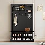 Garderoben-Set mit Bank und Schuhablage, Aufbewahrungsbank mit 3 Hängenden Haken, Offenem, Rechteckige Aufbewahrung, Regale Garderobe für Flur,H190/B120/T40 cm (Schwarz)