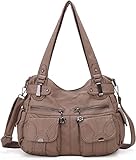 FANDARE Groß Schultertasche Damen Umhängetasche Frauen Vintage Schulranzen Wasserdicht PU Leder Women Purse für Shopper Reisen Arbeitstasche Messenger Hobo Bags Khaki