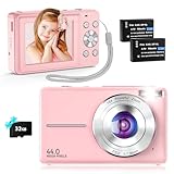 Digitalkamera Kompakte Fotokamera 44MP Kompakte Digitalkameras mit 1080P HD Video, 32GB TF-Karte, 2.4' IPS-Bildschirm, Zwei Batterien, 20 Filter, Anti-Schütteln für Kinder, Jugendliche, Anfänger Rosa
