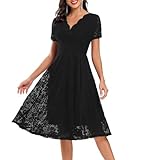 Spitzenkleid Elegant Knielang Kleid Hochzeitsgast A Linie V Ausschnitt Brautjungfernkleider Lochstickerei Sommerkleid Frauen Kurzarm Midikleider Spitzen Damenkleider Trauzeugin Kleid Einfarbig