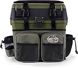 Angelkoffer Angelbox Angeltasche gepolsterte Sitzkiepe Sitzfunktion Gerätekasten mit Rucksackfunktion und aufgesetzen Taschen - inklusive 4 Tackle-Boxen für Angelzubehör Farbe Dunkelgrün