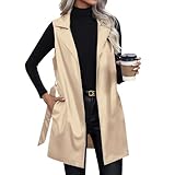 Lederjacke Damen Ärmellos Weste Damenjacken Leder Ledermantel Damen-Jacken Lederoptik Mantel Kunstlederjacke Mit Gürtel Lederweste Frauen Einfarbig Motorradweste Mit Revers Übergangsjacke Slim