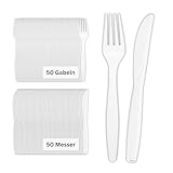 Linario® Gabel und Messer Set, Mehrwegmesser, biologisch abbaubar, kein Plastik, nachhaltig, je 50 Messer und 50 Gabeln, MSMEGA50, Weiß