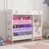 [en.casa] Kinderregal Søndreland Bücherregal für Kinder mit 9 Aufbewahrungsboxen Spielzeugregal mit Schrank 80 x 90 x 30 cm Spielzeug Aufbewahrung Einhorn Motiv