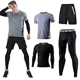 Kompressionsanzug Herrenanzug Trainingsanzug 4-teiliges Herren atmungsaktives Sportswear Laufanzug Kurzarmhemd Kompressionshemden Halbhose Strumpfhose Grau-2XL