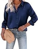 Beyove Damen Bluse Satin Seide V-Ausschnitt Hemden Elegant Langarm Business Oberteile mit Knöpfen Tops Lose Langarmshirt Marine L