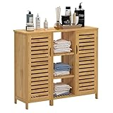 soges Badezimmerschrank Beistellschrank Badschrank Konsole Aufbewahrungsschrank Buffets mit Lamellentür und 3-stöckiger Regalen, Bambusschrank für Küche, Wohnzimmer, Badezimmer