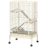 PawHut Kleintierkäfig, Nagerkäfig Frettchenkäfig mit 3 Rampen Mäusekäfig mit ausziehbarem Tablett, Futterschale, Wasserflasche, Käfig mit Zubehör für Chinchilla, Eichhörnchen, Zwerghamster Beige