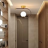 PAKFAN Gold Nordic Style LED Deckenbeleuchtung Garderobe Deckenlampen Veranda Eingang Einfache Glaskugel Deckenleuchter Dekorative Innenlampen, Goldschwarzer Metallschirm