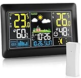 2025 Groß Wetterstation funk mit Außensensor 7,5 Zoll VA-Display DCF Funkuhr, Großes Farbdisplay mit Innen und Außentemperatur Luftfeuchtigkeit, Wettervorhersage mit DC Netzteil Schwarz