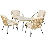 Outsunny 5 TLG. Rattan Sitzgruppe, Gartenmöbel-Set, Sitzgarnitur inkl. 1 Esstisch, 4 Stühlen, Gartengarnitur mit Sitzkissen, für Balkon, Terrasse, Polyester, Beige