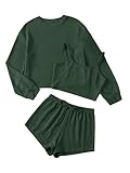 GORGLITTER Damen 3-teilige Set Loungewear Pyjama Sets mit Langarmshirt Camitop und Short Schlafanzug Hausanzug Tranining Kombine Set Dunkelgrün L