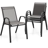 GIANTEX Gartenstühle Stapelbar 4er Set, Stapelstühle aus Textilene & Metall, Gartenstuhl Hochlehner mit Armlehnen, Balkonstuhl Gartensessel 150 kg belastbar, Terrassenstühle Outdoor Stuhl 56x70x84 cm