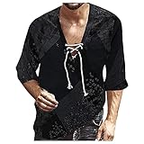 Minying Herrenhemd, einfarbig, Langarm, Slim Fit, Mode, Huhn, Schnürung, V-Ausschnitt, Herren, Hemd, Vintage, locker, modisch, bequem, atmungsaktiv, günstig, 24-schwarz, L