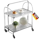Servierwagen mit Rollen, Servierwagen Klappbar, Dinett 2 Tier Ablagekorb aus Temperglas with Wheels, für Küche, Barwagen, Rollwagen Metall, Teewagen, Weinwagen, moderner Getränkewagen