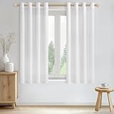 CUTEWIND Gardinen Weiss Halbtransparent Kurz Fenster Vorhang Leinenoptik mit Ösen Vorhänge Weiß Ösenschal 2er Set für Küche Wohnzimmer Schlafzimmer Linen Curtains, H 175 x B 140 cm