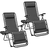 Yaheetech 2er Set Sonnenliege Liegestuhl Klappbar Gartenliege mit Kopfkissen & Becherhalter Tragbare Relaxliege für Strand/Garten/Balkon, Dunkelgrau