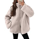 Lustige Geschenke Teddyjacke Damen Winter Teddyfleece Jacke Doppelschieber Reißverschluss Winterjacke Thermal Teddy Wintermantel Einfarbig Revers Fleecejacke Flauschig Plüschjacke Freizeit