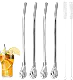 4 Stück Trinkhalme Löffel mit 2 Reinigungsbürsten, Edelstahl Sieblöffel/Strohhälme/Teelöffel für Tee, Kaffee, Saft, Milchshakes, Cocktails, Zitronentee