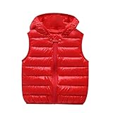 Kinder Kapuzensteppweste Metallic Reißverschluss wasserabweisend winddicht leicht packbar warme Winterweste Unisex Jungen Mädchen Gilet ärmellos Outdoor Jacke Herbst Winter (Red, 3-4 Years)