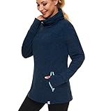 Soneven Rollkragen Pullover Damen Funktionsshirt Damen Langarm Laufshirt Fleece Thermo Sweatshirts mit Tasche Wandershirt Atmungsaktive Running Sportoberteile Hochkragen Blau L