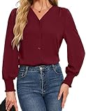 HANERDUN Damen Bluse Langarm Chiffon Oberteile Elegant V-Ausschnitt Shirts Einfarbig Lässige Hemdbluse Casual Blusenshirt Locker Arbeit Shirts Hemd für Frühling und Herbst