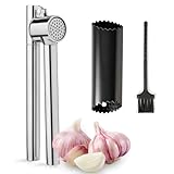 VINATO Knoblauchpresse aus Edelstahl mit Schäler und Reinigungsbürste, Küchenhelfer zum Knoblauch Pressen und Schälen, Spülmaschinenfest