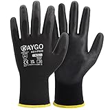KAYGO 12 Paar Arbeitshandschuhe für Herren Damen, PU beschichtet Schutzhandschuhe, antirutsch Griff an Handflächen und Fingern, Geeignet für DIY allgemeine Arbeit Gartenarbeit (Schwarz, L, Gr 9)