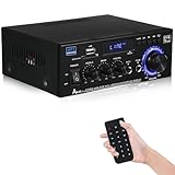 AK45 HiFi Verstärker Mini Stereo Bluetooth Radio Audio Verstärker Receiver, 12V/ 240V 2.0 Kanäle 40W X 2 Digitale Endverstärker mit FM-Radio, Fernbedienung, SD/USB-Eingang, MIC, BT, Soundverstärker