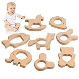TYFYH 8 Stück Baby Beißring Holz, Holztiere Baby Beißring Baby Holzfiguren, Natürlich Kinder Beißring Holzring für Babys Kinderpflege, Holz Armband DIY Handwerk