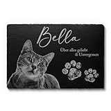 Tier Grabstein Katze - Katzengrabstein aus Schiefer mit Gravur - Nur bei Uns: Wetterfester Gravurschutz - Grabplatte für Tiere mit Foto - 30x20 cm | Große Motivauswahl! - Gedenkstein Katzen Hund