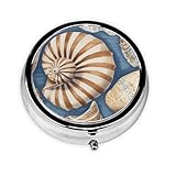 Pillendose mit Strandmuscheldruck, 3 Fächer, rund, Metall, wasserdicht, tragbar, für Tasche oder Geldbörse, Vitamin/Fischöl/Pillen/Nahrungsergänzungsmittel