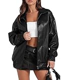 xxxiticat Damen Oversized PU Leder Jacke Mode Motorrad Mäntel Winter Outfits Kleidung Faux Wildleder Zip Up Mantel Oberbekleidung(BL,L)