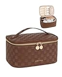 Prite Groß Kosmetiktasche für Damen Reise Kulturtasche aus Wasserdichtem Leder Tragbare Kulturbeutel oder Make Up Tasche mit Griff und Abnehmbarem Trenner (Braun kariert)