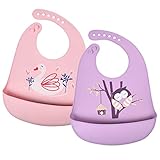 Vicloon Silikon Baby Lätzchen, 2 Stück Baby Fütterlätzchen mit Auffangschale 6 Verstellbaren Tasten, BPA Frei, Babylätzchen Einfache Reinigung, Wasserdicht für Babys Jungen und Mädchen(Rosa-Lila)